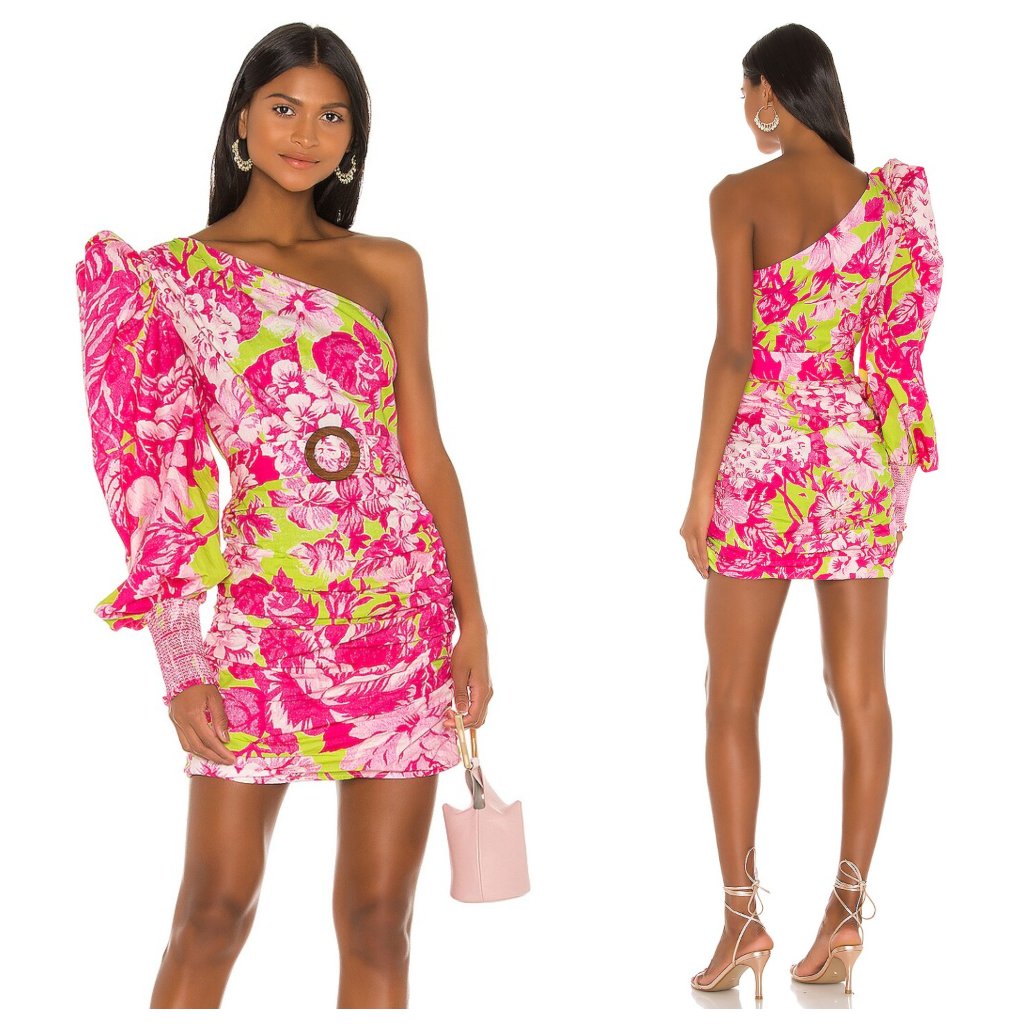 Rococo Sand Ziba Pink Floral Belted One Shoulder Long Puff Sleeve Ruched Dress